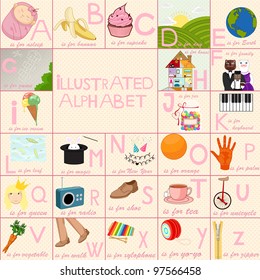 Illustrated alphabet for children with colorful, funny, cute illustrations.