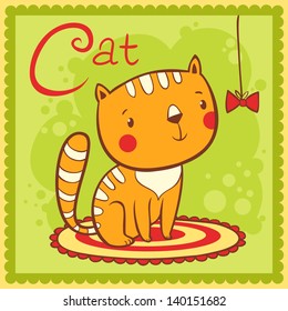 Illustrated alphabet letter C and cat.