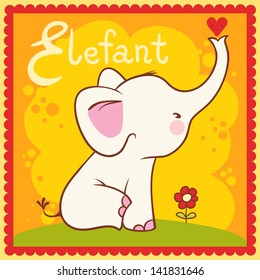 Illustrated alphabet letter E and elephant.