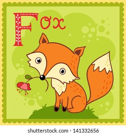 Illustrated alphabet letter F and fox.