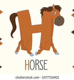 Illustrated Alphabet Letter H And Horse