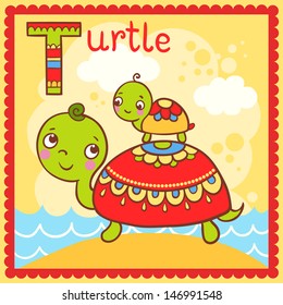 Illustrated alphabet letter T and turtle.