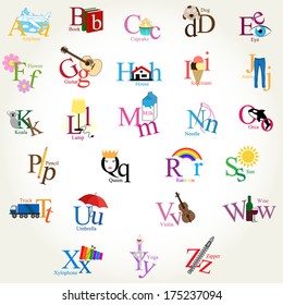 Illustrated Alphabet Letters - objects, animals, food - vector EPS10