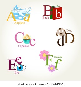 Illustrated Alphabet Letters - objects, animals, food, instruments... Vector EPS10