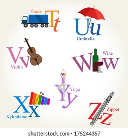 Illustrated Alphabet Letters - objects, animals, food, instruments... Vector EPS10