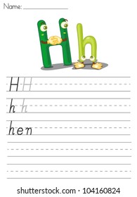 Illustrated alphabet worksheet of the letter h