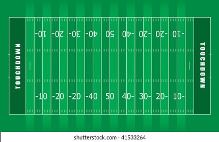 Illustrated american football field with green stripes and white lines