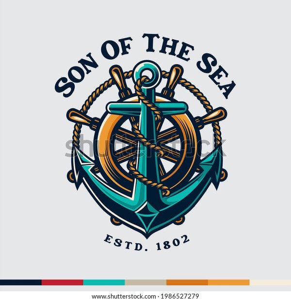 Illustrated
Anchor with Steering Wheel Vintage Retro Logo. Navi Sailor Marine
Life. Son of the Sea. King of the
Ocean.