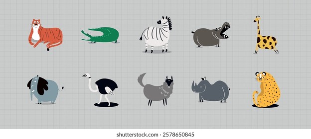 Illustrated animals including tiger, crocodile, zebra, hippo, giraffe, elephant, ostrich, cat, rhino, and cheetah on a grid background. Animal illustrations, isolated element vector set.