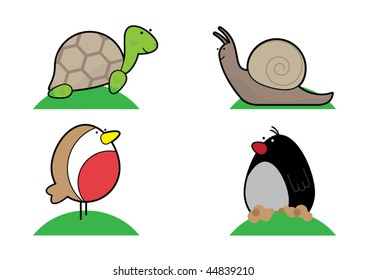 illustrated animals, tortoise, snail, robin and mole