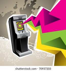 Illustrated arcade game machine with colorful abstraction. Vector illustration.