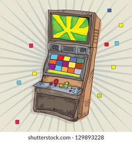 Illustrated  Arcade Game Machine. On vintage background