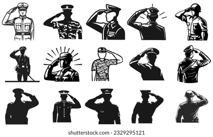 Illustrated Army general silhouette with hand gesture saluting. Vector