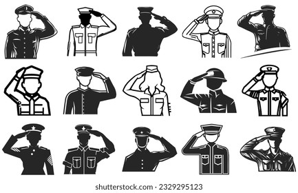 Illustrated Army general silhouette with hand gesture saluting. Vector