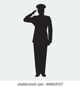 Illustrated Army general silhouette with hand gesture saluting. Vector military man. Veterans day design element.