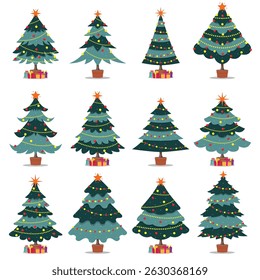 Illustrated assortment of Christmas trees adorned with lights and ornaments, accompanied by colorful presents. Ideal for festive-themed designs, holiday greetings, and seasonal celebrations.