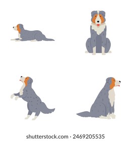Illustrated australian shepherds showcasing different poses and emotions, isolated on white
