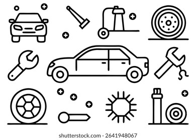 Illustrated automotive repair and maintenance icons featuring cars wrenches wheels and tools for vehicle care