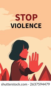 Illustrated awareness poster showing a woman with her hand raised in a stop gesture, promoting anti-violence and social justice message.