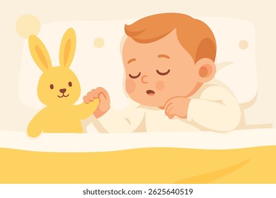 Bebê ilustrado que dorme pacificamente na cama enquanto segura suavemente um coelho de pelúcia amarelo, rodeado por tons suaves e texturas acolhedoras que transmitem ternura e conforto.