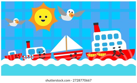 An illustrated background of cute ship characters sailing through the ocean in the daytime.