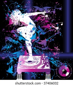 An illustrated background of a dancer on a DJ turntable