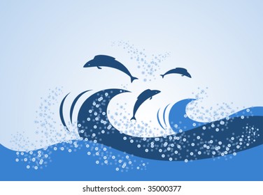 illustrated background with fishes jumping over the waves
