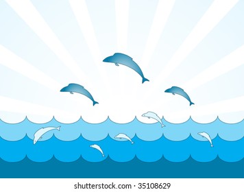 illustrated background with fishes jumping over the waves