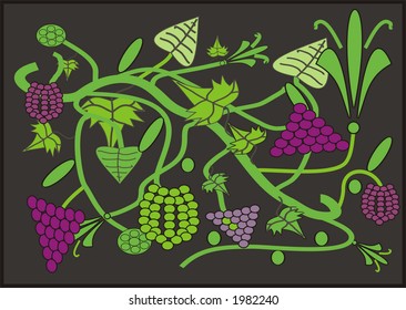 Illustrated background with grapes, vine and leaves