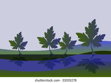illustrated background with leaves and reflection