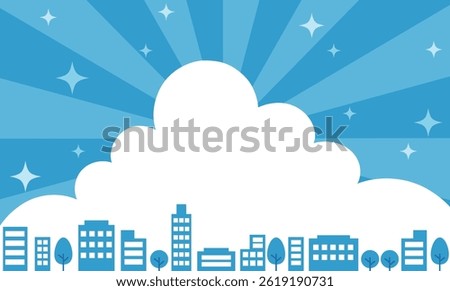 Illustrated background material of a city with sparkling blue sky and rows of buildings