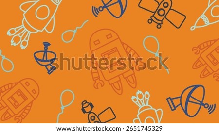 Illustrated background with robots, radars, satellites, and rockets on a vibrant orange field. A perfect choice for scifi and childrens space graphics.