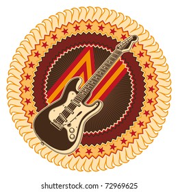 Illustrated badge with electric guitar. Vector illustration.