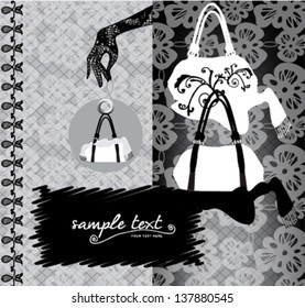 illustrated bags and lace gloves on lace background - vector illustration