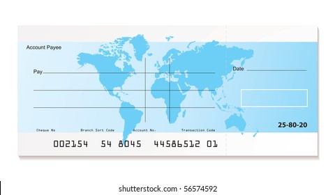 illustrated bank cheque with world map and sample template