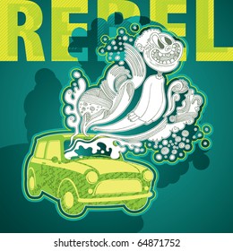 Illustriertes Banner mit stilvollem Auto. Vektorgrafik.