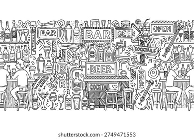 Illustrated Bar Scene with Drinks, Beer, and Cocktails in a Lively Pub Atmosphere