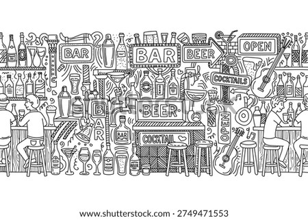 Illustrated Bar Scene with Drinks, Beer, and Cocktails in a Lively Pub Atmosphere