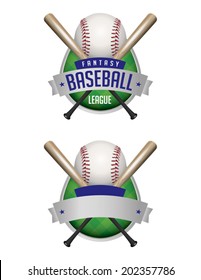 Illustrated baseball emblems. Fantasy Baseball League and plain emblem. Vector EPS file contains transparencies and gradient mesh.