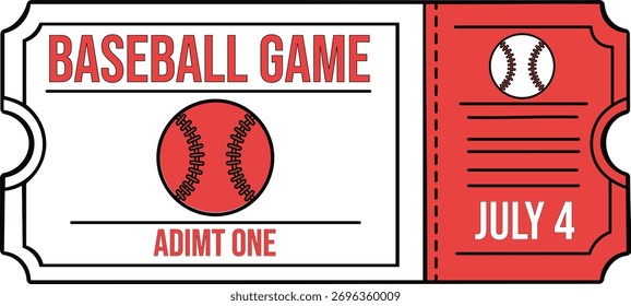 Illustrated baseball event ticket with bold typography and icon elements, ideal for sport promotions, event branding, and digital ticket designs
