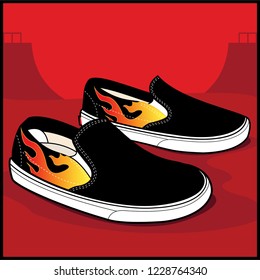 Illustrated Basic Slip-on Flame Sneakers on Red Background. Millenials Famous Footwear