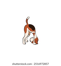 Um beagle ilustrado executa uma pose de ioga virada para baixo, imitando um estiramento divertido. O fundo branco simples destaca a postura relaxada e focada do cão, adicionando um toque de humor.