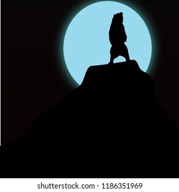 Illustrated bear on rock at full moon in the night sky silhouette art.