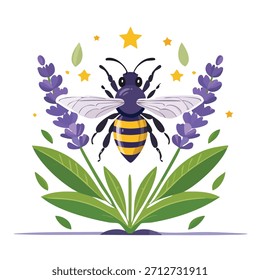 An illustrated bee centered with lavender and star elements, set against a white backdrop. Features bright colors and a flat design style for commercial applications.