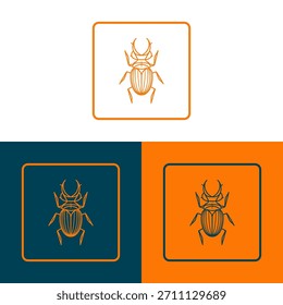 Um besouro ilustrado é exibido centralmente dentro de um quadro quadrado. A imagem apresenta um estilo linear com contornos laranja contra fundos brancos, azuis e laranja. A composição usa um estilo de design plano, criando um apelo moderno e gráfico, adequado para diversas aplicações comerciais e editoriais.