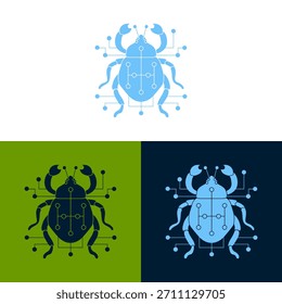 Un escarabajo ilustrado con circuitos integrados se muestra en varios esquemas de color. El Arte vectorial presenta un estilo moderno con líneas gráficas y Formas geométricas. Parece estar diseñado para aplicaciones relacionadas con la tecnología, como la ciberseguridad o la gestión de datos. Estas Imágenes podrían ser adecuadas para fines informativos o de Fines comerciales.