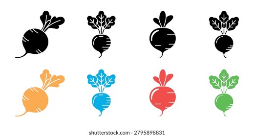 Illustrated beets in black and white alongside vibrant orange blue red and green versions with leafy tops for food and design projects