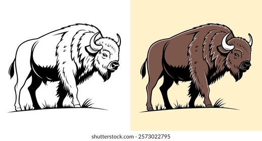 Illustrated Bison in Black and White and Colored Variants.