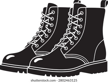Illustrated black combat boots featuring detailed laces, sturdy soles, and a rugged tread pattern for grip and durability. Clean and bold vector design perfect for fashion, military, or outdoor themes.