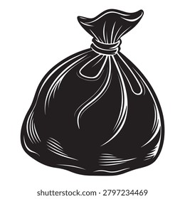 Illustrated black garbage bag with tied top isolated on transparent background for environmental and waste management graphics